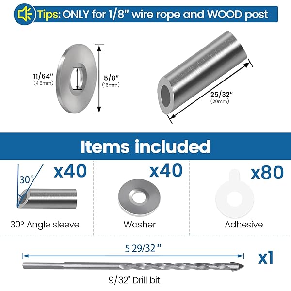 Muzata Muzata 40 Pack Adjustable Protector Sleeve for Wood Post Stair Railing 1/8 Inch Wire Rope Cable T316 Stainless Steel - View 3 of 8