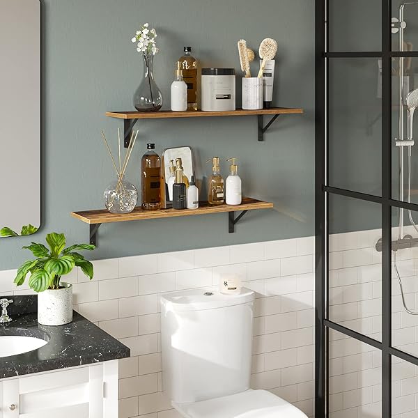 DINZI LVJ DINZI LVJ Floating Wall Shelves 23.6 x 7.9 Inch Easy to Install Sturdy Metal Brackets for Living Room Bathroom Kitchen Rustic Brown - View 3 of 10