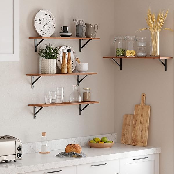 DINZI LVJ DINZI LVJ Floating Wall Shelves 23.6 x 7.9 Inch Easy to Install Sturdy Metal Brackets for Living Room Bathroom Kitchen Rustic Brown - View 4 of 10