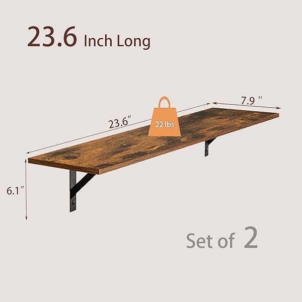 DINZI LVJ DINZI LVJ Floating Wall Shelves 23.6 x 7.9 Inch Easy to Install Sturdy Metal Brackets for Living Room Bathroom Kitchen Rustic Brown - View 9 of 10