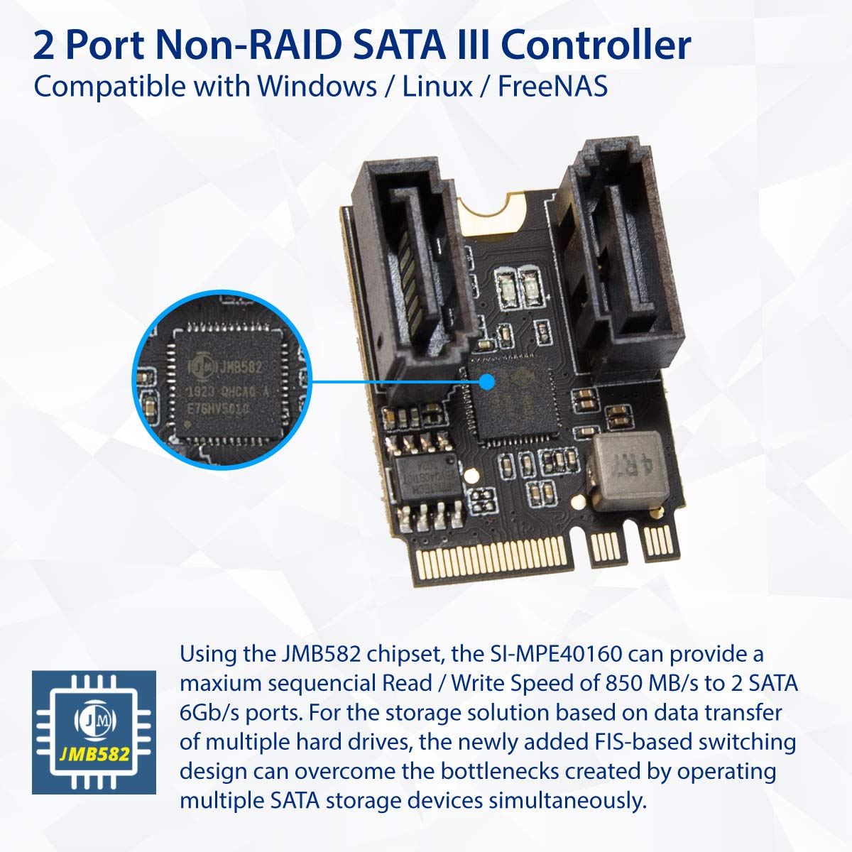 IO CREST 2 Ports SATA III 6gb/s to M.2 NGFF A Key E Key A E Key 22x30 2230 mm JMicron JMB582 Adapter for Fast Data Transfer - View 2 of 4