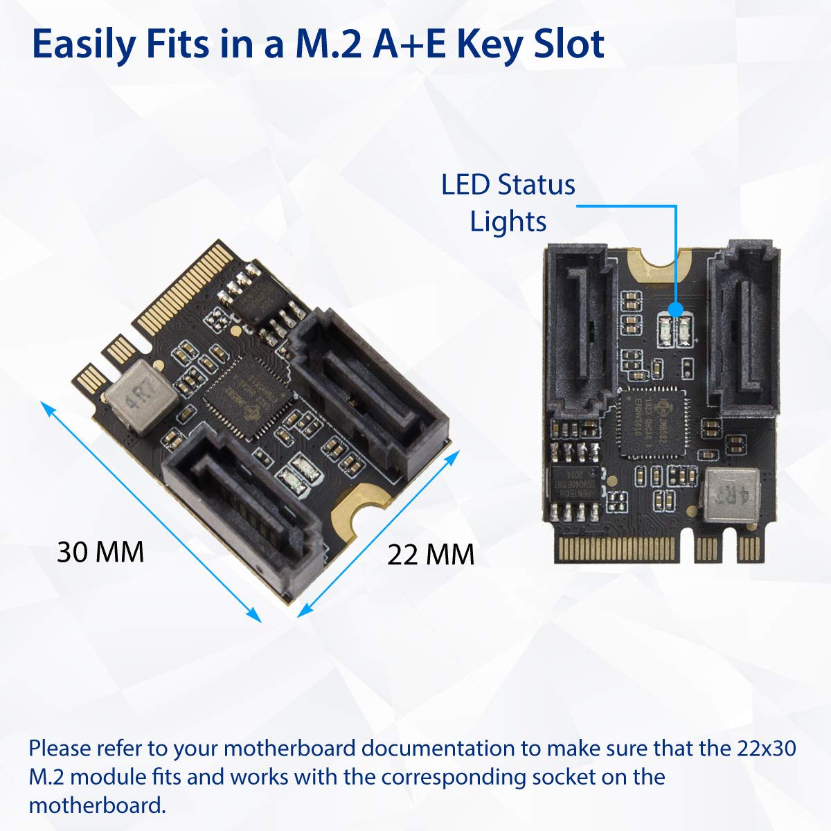 IO CREST 2 Ports SATA III 6gb/s to M.2 NGFF A Key E Key A E Key 22x30 2230 mm JMicron JMB582 Adapter for Fast Data Transfer - View 3 of 4