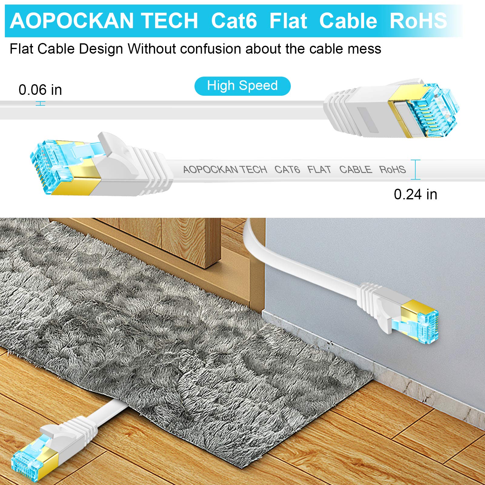 AOPOCKAN TECH Cat 6 Ethernet Cable 100 ft Flat High Speed Network Cable with Clips Snagless RJ45 Connectors for Modem Router PS4 Faster Than Cat5 - View 5 of 6