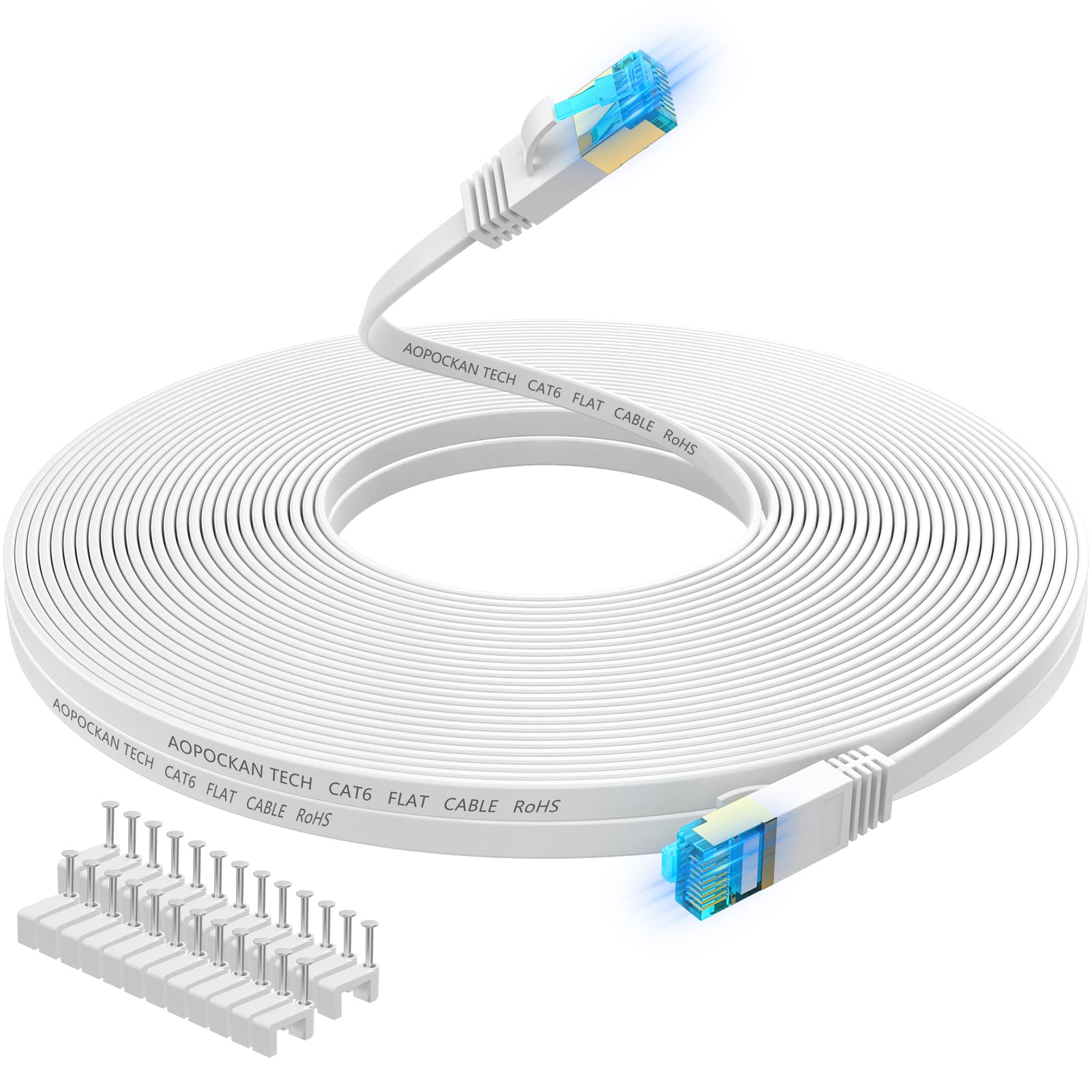 AOPOCKAN TECH Cat 6 Ethernet Cable 100 ft Flat High Speed Network Cable with Clips Snagless RJ45 Connectors for Modem Router PS4 Faster Than Cat5