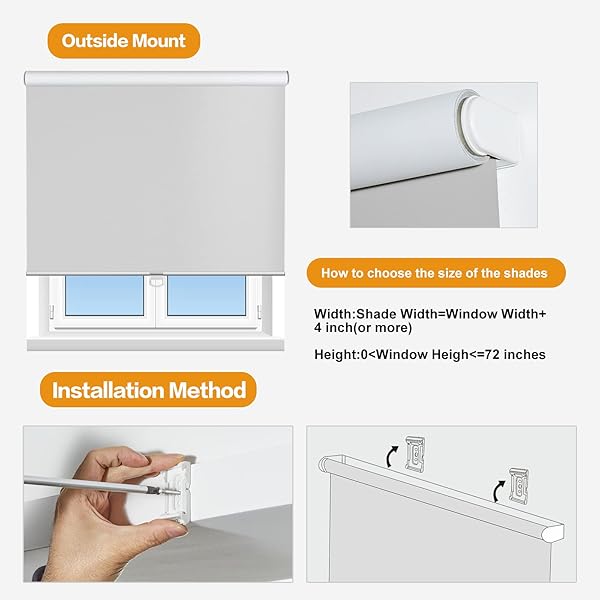 Persilux Persilux Cordless Roller Window Shades 26x72 Light Grey 100% Blackout UV Protection Energy Saving Blinds for Home and Office Easy Install - View 7 of 9