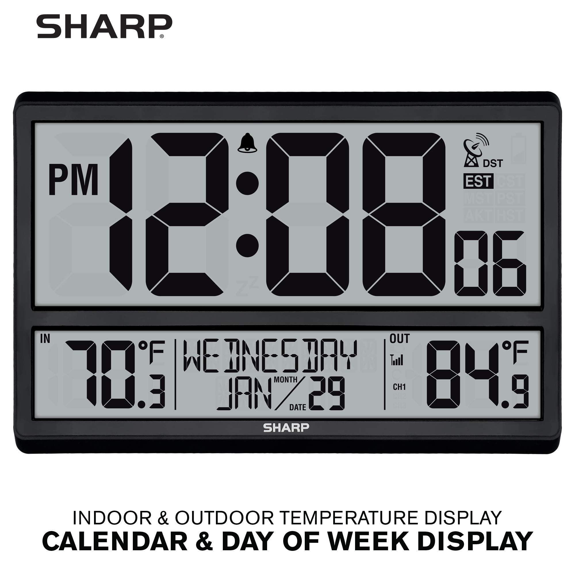 Sharp Atomic Clock with Easy to Read Numbers Indoor Outdoor Temperature Wireless Sensor Battery Powered Easy Set Up - View 2 of 7