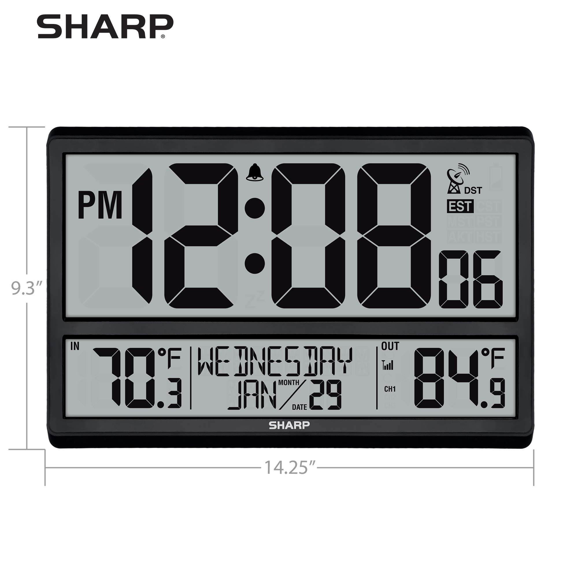 Sharp Atomic Clock with Easy to Read Numbers Indoor Outdoor Temperature Wireless Sensor Battery Powered Easy Set Up - View 4 of 7