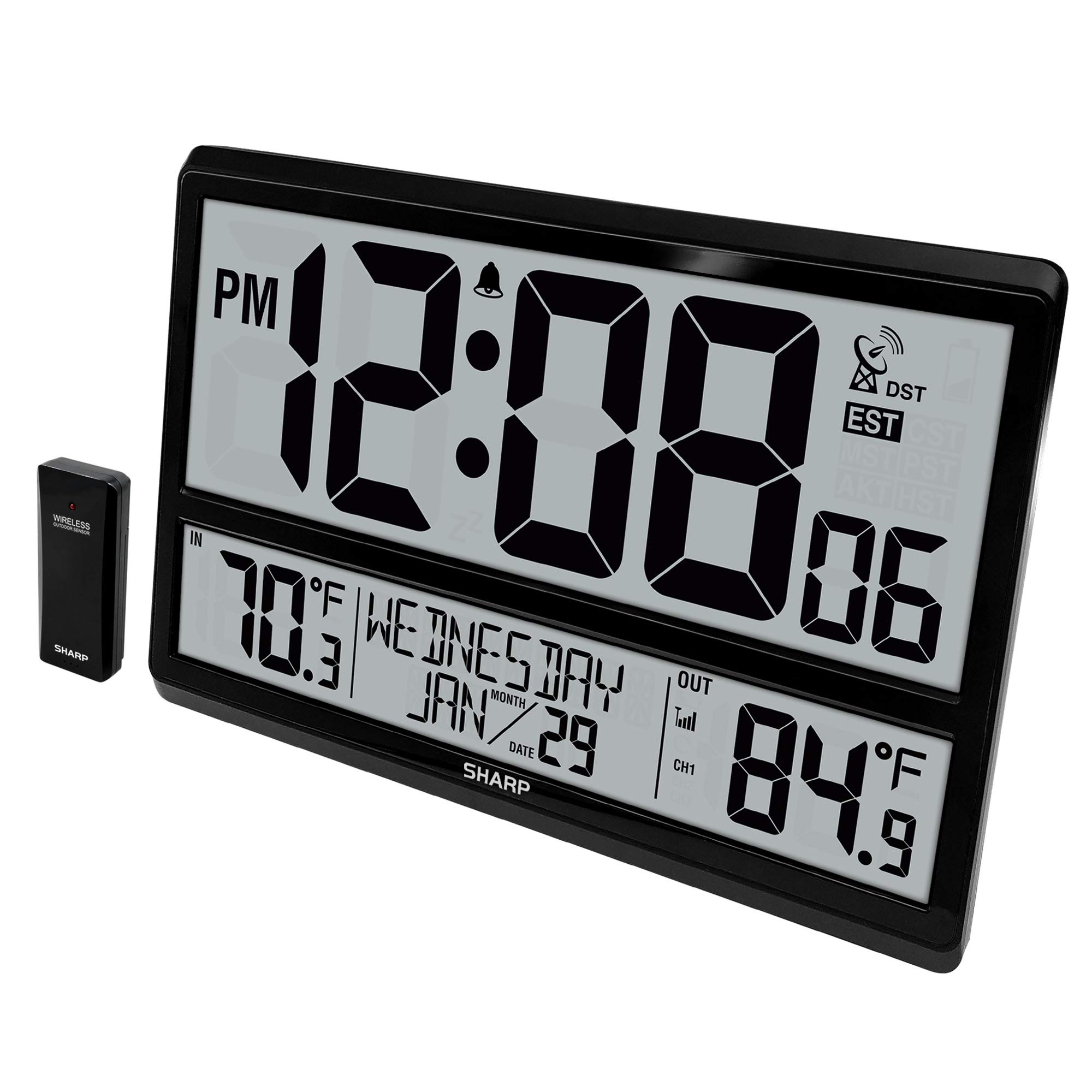 Sharp Atomic Clock with Easy to Read Numbers Indoor Outdoor Temperature Wireless Sensor Battery Powered Easy Set Up