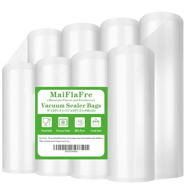MaiFlaFre MaiFlaFre 8 Pack Vacuum Sealer Bags Rolls 8x20 and 11x20 Heavy Duty BPA Free Compatible with All Vacuum Sealers