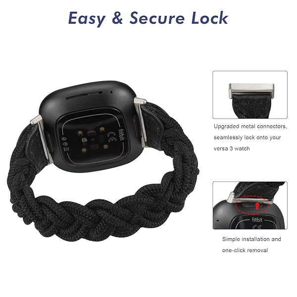 Wearlizer Wearlizer Elastic Band for Fitbit Sense Versa 3 Sense 2 Versa 4 Women Slim Braided Stretchy Wristband Accessory Black S - View 4 of 6