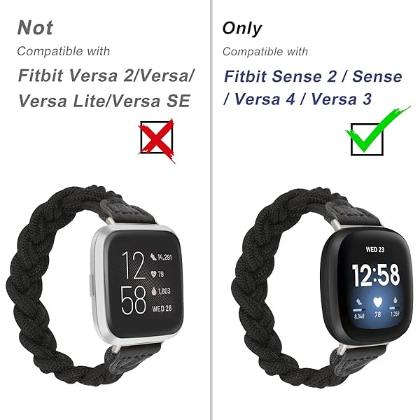 Wearlizer Wearlizer Elastic Band for Fitbit Sense Versa 3 Sense 2 Versa 4 Women Slim Braided Stretchy Woven Wristband Black L - View 2 of 6
