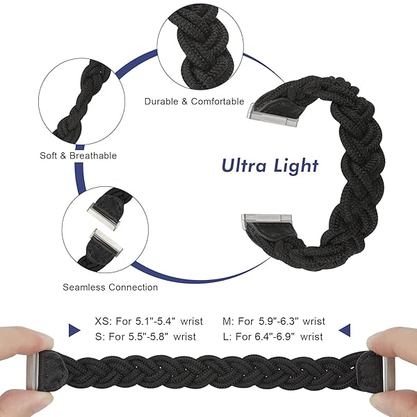 Wearlizer Wearlizer Elastic Band for Fitbit Sense Versa 3 Sense 2 Versa 4 Women Slim Braided Stretchy Woven Wristband Black L - View 3 of 6