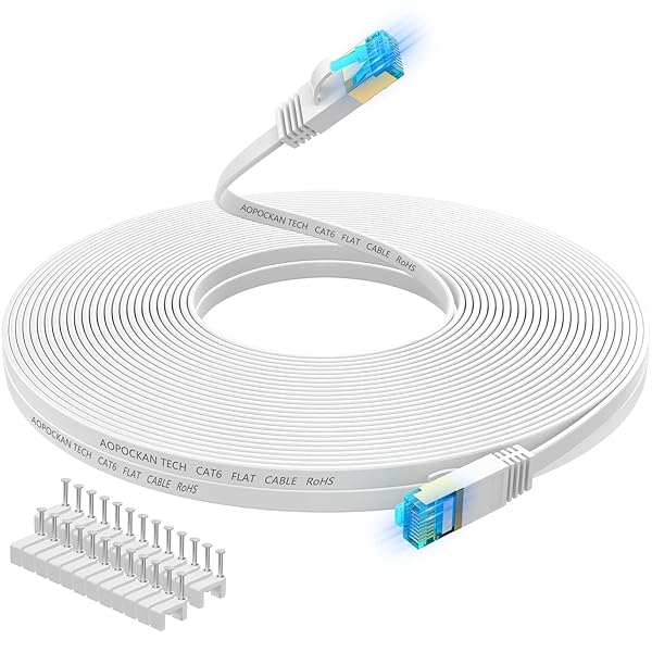 AOPOCKAN TECH High Speed Cat 6 Ethernet Cable 25 ft Flat Internet Network LAN Patch Cord with Clips Snagless RJ45 Connectors for Modem Router White