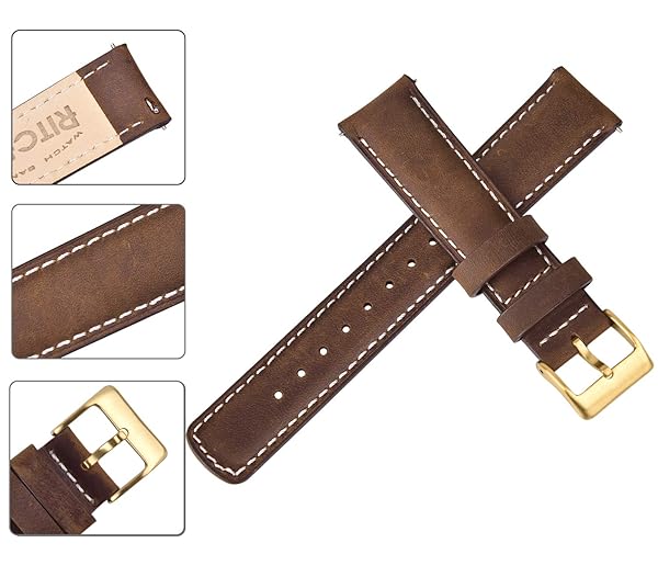 Ritche Ritche Quick Release Leather Watch Band 18mm to 24mm Saddle Brown White Gold Classic Strap - View 4 of 7