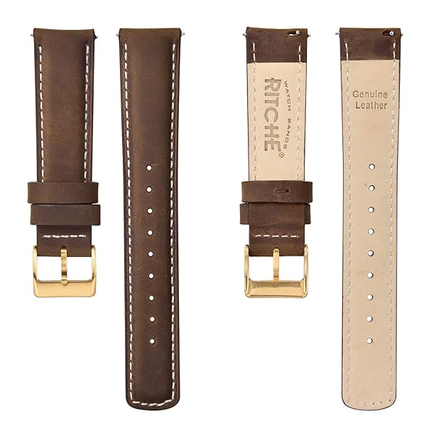 Ritche Ritche Quick Release Leather Watch Band 18mm to 24mm Saddle Brown White Gold Classic Strap - View 5 of 7