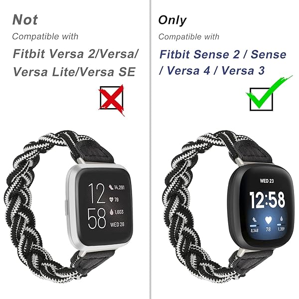 Wearlizer Wearlizer Elastic Band for Fitbit Sense Versa 3 Sense 2 Versa 4 Women Slim Braided Stretchy Wristband Accessory Black White S - View 2 of 6