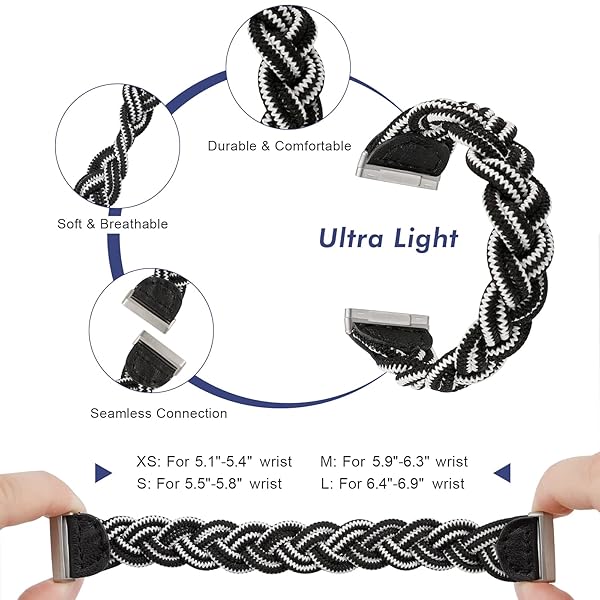Wearlizer Wearlizer Elastic Band for Fitbit Sense Versa 3 Sense 2 Versa 4 Women Slim Braided Stretchy Wristband Accessory Black White S - View 3 of 6