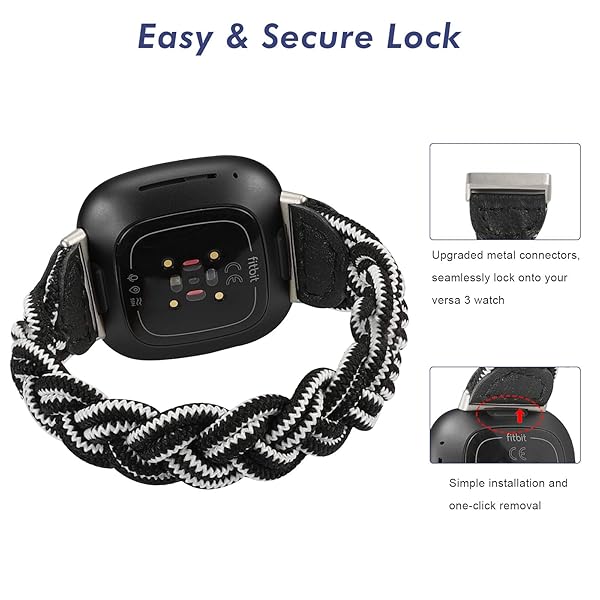 Wearlizer Wearlizer Elastic Band for Fitbit Sense Versa 3 Sense 2 Versa 4 Women Slim Braided Stretchy Wristband Accessory Black White S - View 4 of 6