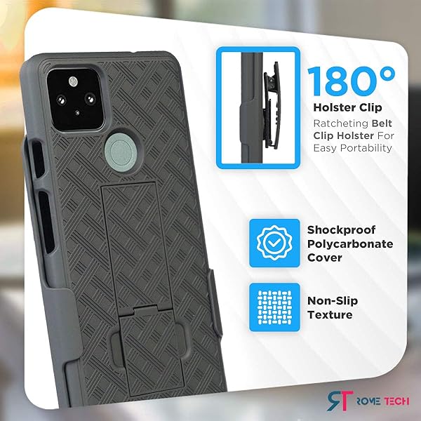 Rome Tech Rome Tech Holster Belt Clip Case for Google Pixel 5 Slim Heavy Duty Shell with Kickstand Rugged Phone Cover Black - View 4 of 7