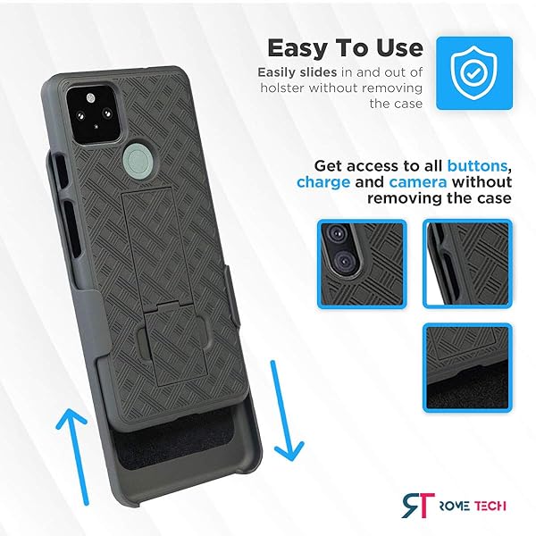 Rome Tech Rome Tech Holster Belt Clip Case for Google Pixel 5 Slim Heavy Duty Shell with Kickstand Rugged Phone Cover Black - View 5 of 7