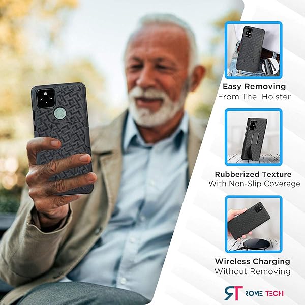 Rome Tech Rome Tech Holster Belt Clip Case for Google Pixel 5 Slim Heavy Duty Shell with Kickstand Rugged Phone Cover Black - View 7 of 7