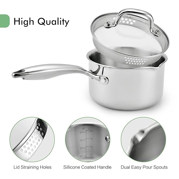 Fracoda Fracoda 2.0 Quart Stainless Steel Saucepan with Glass Lid and Strainer Induction Cooking Pot for Versatile Kitchen Use - View 4 of 8