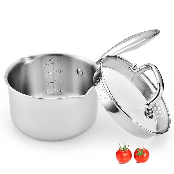 Fracoda Fracoda 2.0 Quart Stainless Steel Saucepan with Glass Lid and Strainer Induction Cooking Pot for Versatile Kitchen Use