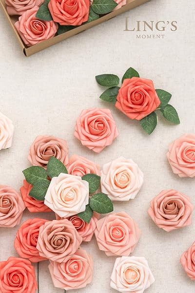 Ling's moment Ling's Moment 25Pcs Coral Roses Realistic Foam Flowers for Wedding Bouquets Centerpieces Outdoor Party Decor Room Table Garden Decorations - View 2 of 3