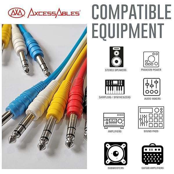 AXA AXCESSABLES AxcessAbles 1/4 TRS Multi-Color Stereo Patch Cables 6-Pack for Studio & Effects (1.5ft) - View 4 of 10