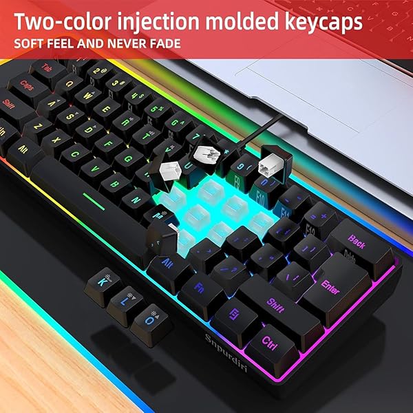 Snpurdiri Snpurdiri 60% Wired Gaming Keyboard: RGB Mini, Waterproof, 61 Keys - Perfect for PC/Mac Gamers & Travel - View 6 of 8