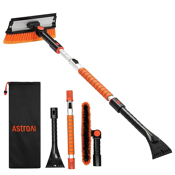 AstroAI 47.2 Inch Ice Scraper for Car Windshield 3 in 1 Snow Brush with Adjustable Length Extendable Handle and Pivoting Snow Scraper Orange