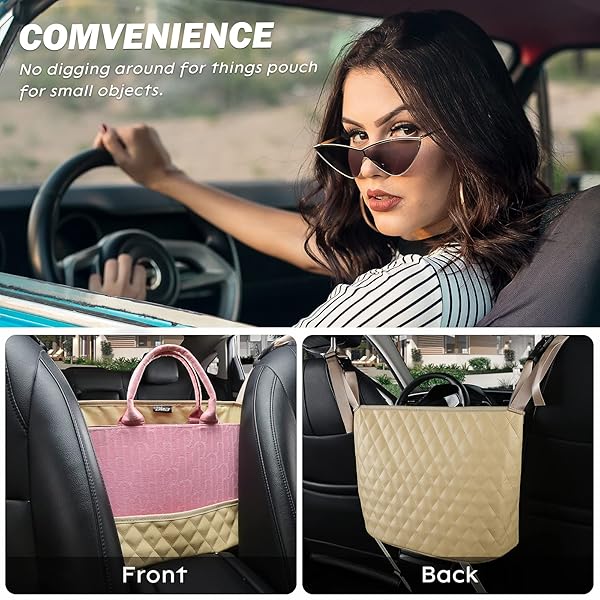 eing Large Capacity Car Organizers and Storage Purse Holder Beige Leather Back Seat Bag for Consoles and Backseat - View 2 of 8