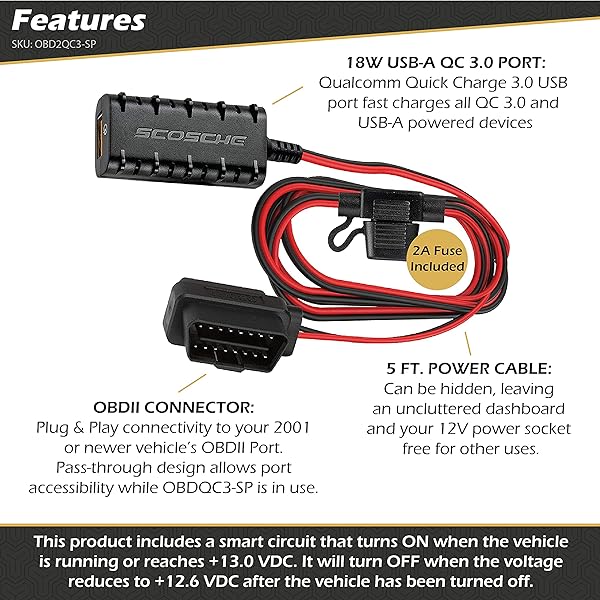 Scosche Scosche OBD2QC3 Dash Cam Hard Wire Kit: Quick Charge 3.0, 5FT Stealth Installation & Voltage Protection for Car Cameras - View 5 of 6