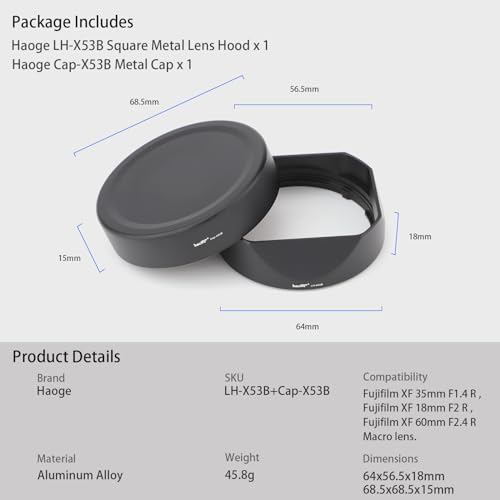 Haoge Haoge LH-X53B Square Metal Lens Hood Shade with Cap for Fujifilm XF 35mm F1.4 R Lens Compatible with X-H1 X-T4 X-T3 X-T2 X-T30 X-Pro3 X-T5 - View 7 of 9