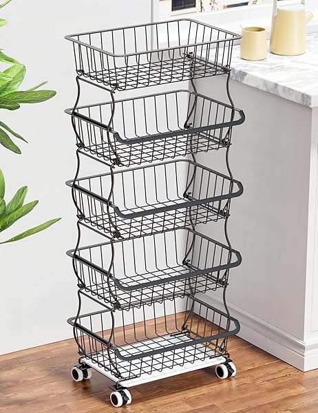 OKZEST OKZEST 5-Tier Stackable Fruit Basket with Wheels - Kitchen Storage Organizer for Fruits, Vegetables & Snacks