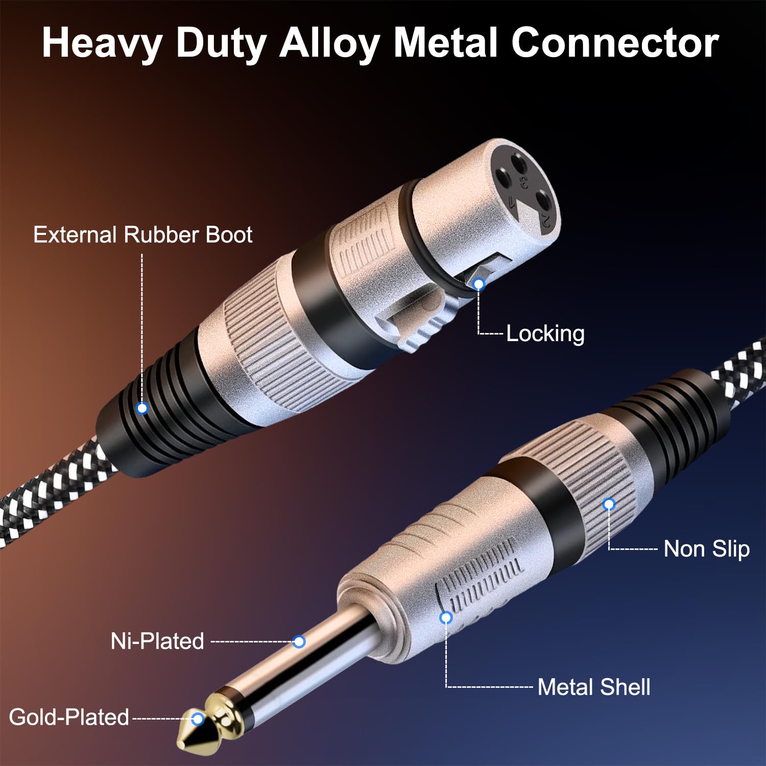 KINXIYU KINXIYU XLR Female to 1/4 Inch TS Cables - 3FT Nylon Braided Mic Cord for Dynamic Microphones (2 Pack) - View 3 of 7