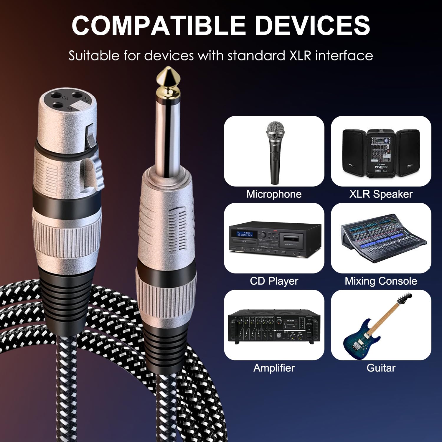 KINXIYU KINXIYU XLR Female to 1/4 Inch TS Cables - 3FT Nylon Braided Mic Cord for Dynamic Microphones (2 Pack) - View 6 of 7