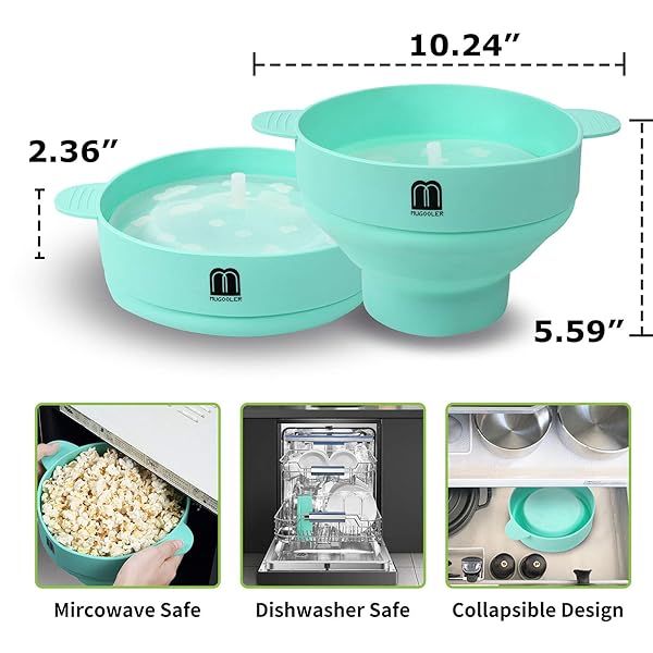 M MUGOOLER MMUGOOLER Original Microwave Popcorn Popper Silicone Bowl Collapsible BPA Free Dishwasher Safe Quick Easy Blue - View 3 of 6