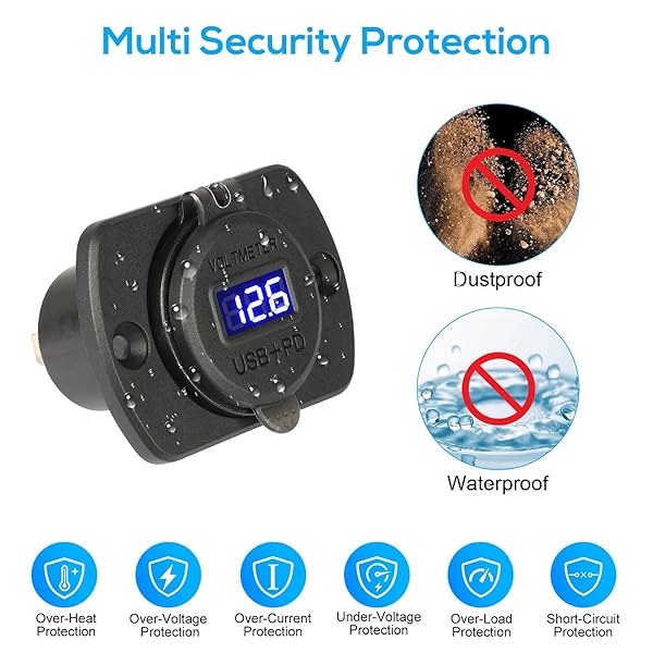 Linkstyle Linkstyle 12V USB Outlet with 30W PD USB-C and Quick Charge 3.0 for Boat Moto RV with Button and LED Voltmeter - View 4 of 7