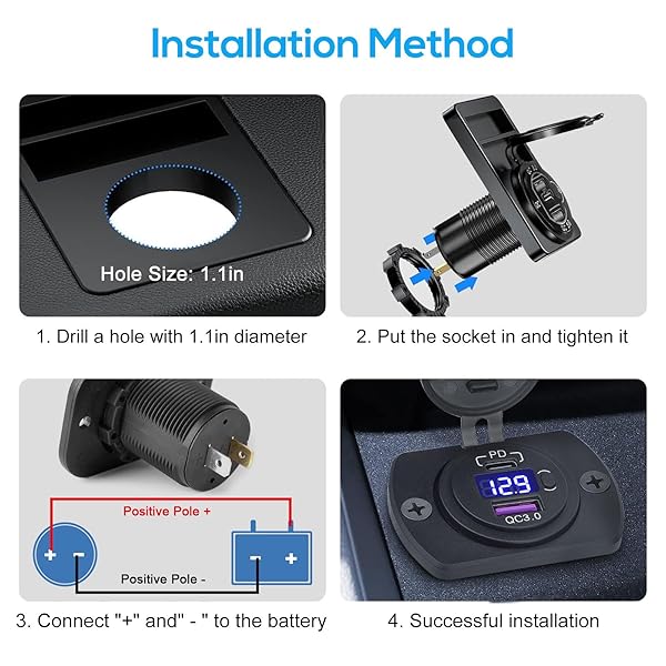 Linkstyle Linkstyle 12V USB Outlet with 30W PD USB-C and Quick Charge 3.0 for Boat Moto RV with Button and LED Voltmeter - View 6 of 7
