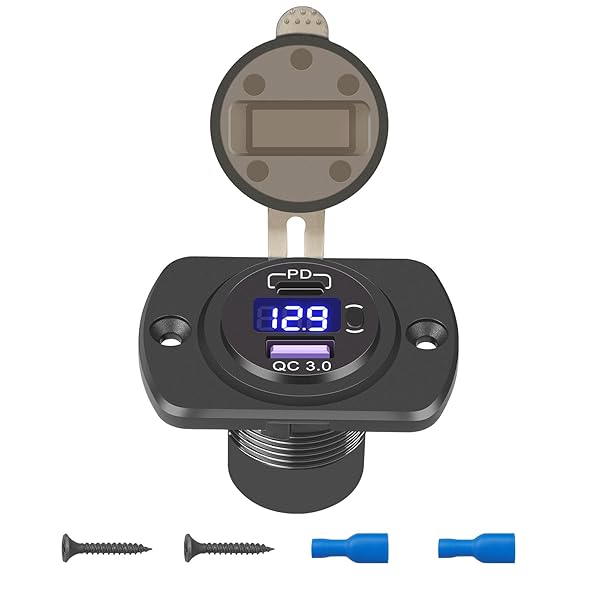 Linkstyle Linkstyle 12V USB Outlet with 30W PD USB-C and Quick Charge 3.0 for Boat Moto RV with Button and LED Voltmeter