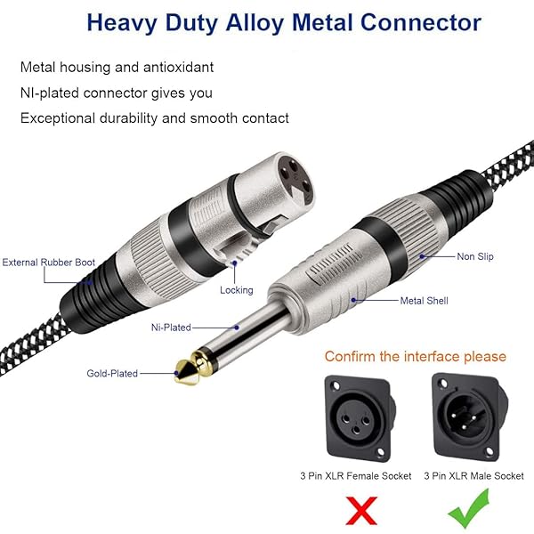 KINXIYU KINXIYU XLR Female to 1/4 Inch TS Cables 6FT 2Pack Nylong Braided Unbalanced Mic Cord for Dynamic Microphone Pure Copper Conductors - View 2 of 7