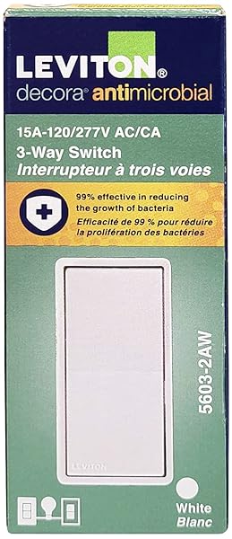 Leviton Leviton Antimicrobial 15 Amp Decora Rocker 3-Way AC Quiet Switch 5603-2AW White for Home and Office Use