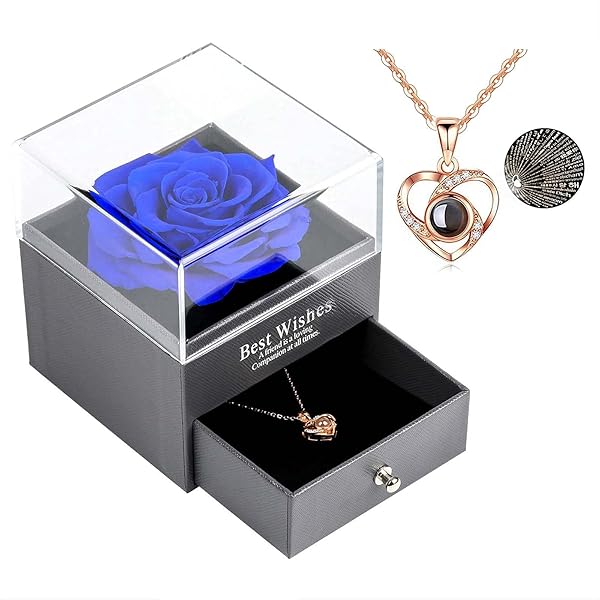 Skalago Skalago Blue Preserved Real Rose Necklace Gift Set - I Love You in 100 Languages for Valentine's Day & Anniversaries