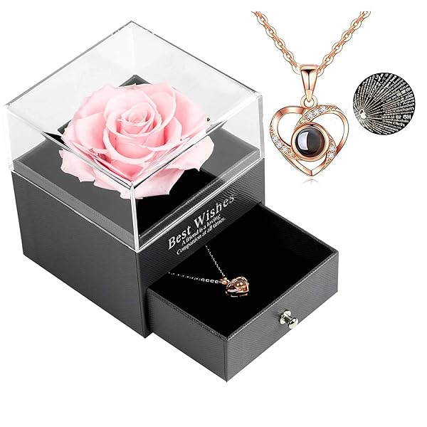 Skalago Skalago Real Rose Drawer Necklace Gift Set - I Love You in 100 Languages for Valentine's Day & Anniversaries