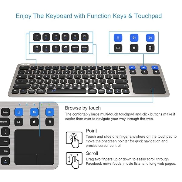 Arteck Arteck Universal Wireless Bluetooth Touch Keyboard Multi-Device with Touchpad for Smart TV TV Box Mac and HTPC - View 4 of 8