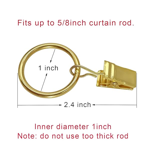 LLPJS LLPJS 44 Pack Curtain Rings with Clips for Drapery and Bows 1 Inch Interior Diameter Fits 5/8 Inch Rod Gold - View 2 of 6