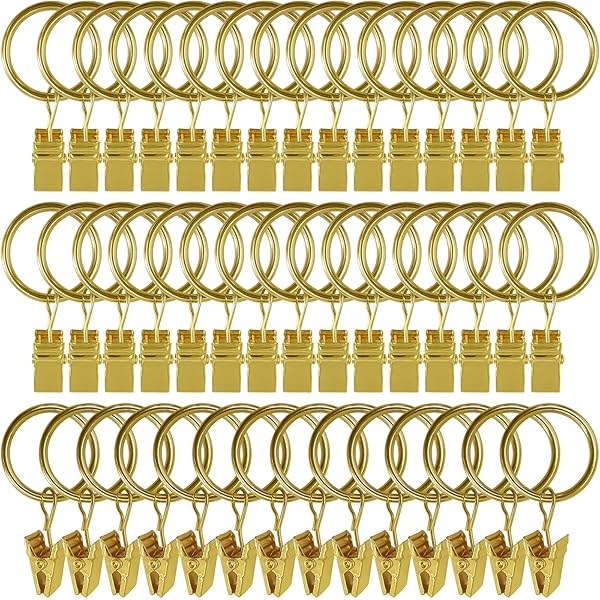 LLPJS LLPJS 44 Pack Curtain Rings with Clips for Drapery and Bows 1 Inch Interior Diameter Fits 5/8 Inch Rod Gold