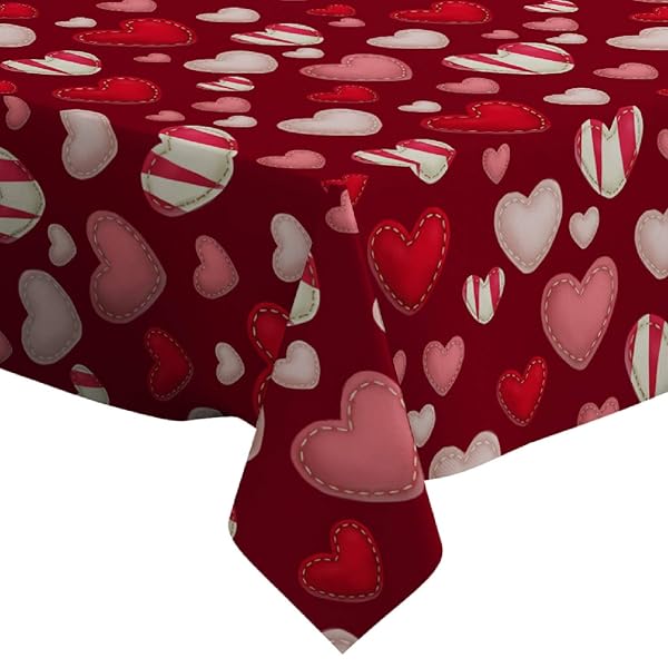 Q-Beans Rectangle Decorative Tablecloth 52 x 70 inch Washable Reusable Cover for Indoor Outdoor Valentines Day Sewed Hearts