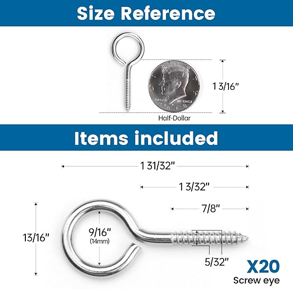 Muzata Muzata 20PCS 2 Inch Eye Screws T316 Stainless Steel Eye Hook Screws for Wood Indoor Outdoor Use - View 2 of 5